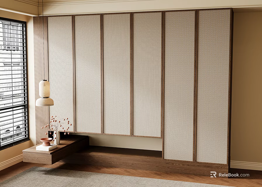Modern Wooden Wardrobe With Lattice Panel Doors In Interior Space 3d model 
