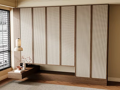 Modern Wooden Wardrobe With Lattice Panel Doors In Interior Space 3d model