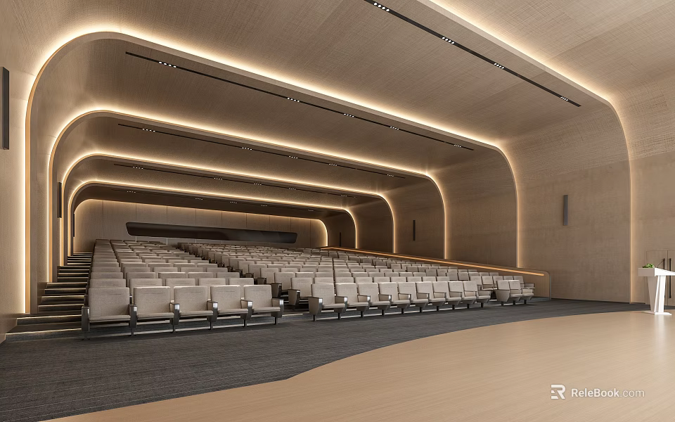 Modern Cinema Interior Design With Comfortable Row Seats And Soft Ambient Lighting 3d model 