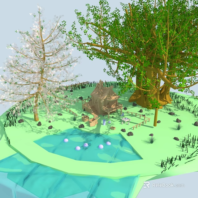 Cartoon Scenic Landscape With Small House Pond Colorful Trees And Stones 3d model 