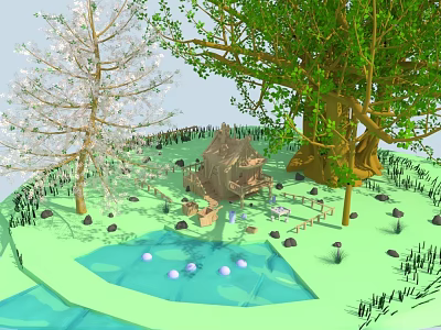 Cartoon Scenic Landscape With Small House Pond Colorful Trees And Stones 3d model