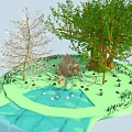 Cartoon Scenic Landscape With Small House Pond Colorful Trees And Stones