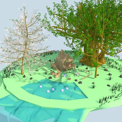 Cartoon Scenic Landscape With Small House Pond Colorful Trees And Stones 3d model