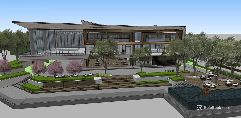 Modern Building Exterior With Large Glass Windows Wooden Facade Landscaped Garden Seating Areas And Steps 3d model 
