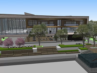 Modern Building Exterior With Large Glass Windows Wooden Facade Landscaped Garden Seating Areas And Steps 3d model