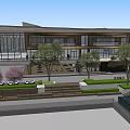 Modern Building Exterior With Large Glass Windows Wooden Facade Landscaped Garden Seating Areas And Steps