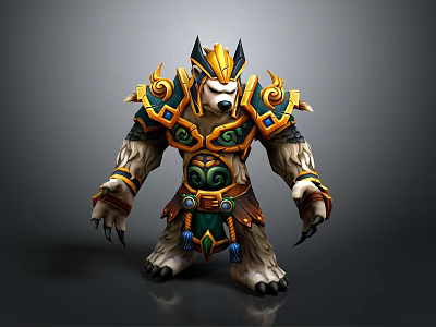 Mythical Bear Warrior Creature in Ornate Gold Green Armor with Spiked Horns and Sharp Claws 3d model