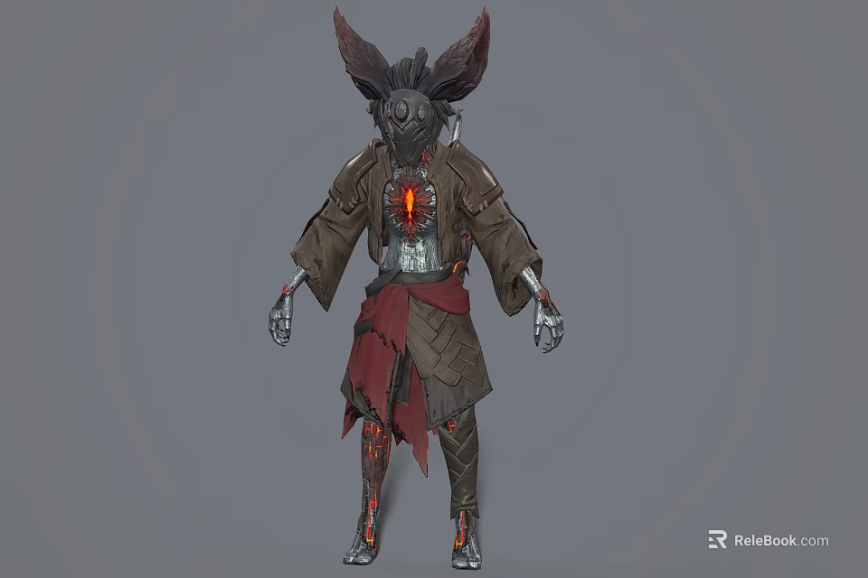 Futuristic Game Movie Character With Horned Head Mechanical Arms Brown Robe And Glowing Core Design 3d model 