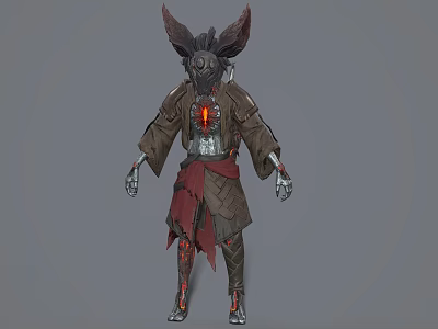 Futuristic Game Movie Character With Horned Head Mechanical Arms Brown Robe And Glowing Core Design 3d model