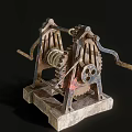 Decorative Vintage Garden Ornament Featuring Wooden Base Gear And Coiled Rope Design