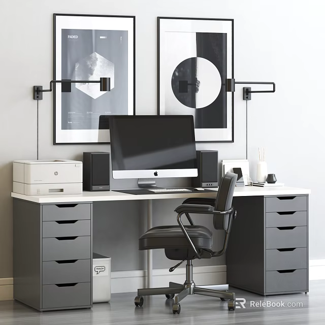 Modern Office Desk Setup With Computer Monitor Printer Office Chair And Wall Art 3d model 
