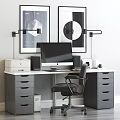 Modern Office Desk Setup With Computer Monitor Printer Office Chair And Wall Art