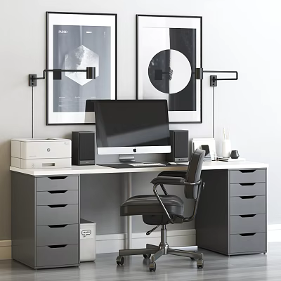 Modern Office Desk Setup With Computer Monitor Printer Office Chair And Wall Art 3d model