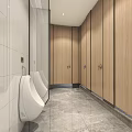 Modern Public Restroom Interior With Wooden Doors Marble Countertop Sink Large Mirror Window And Plant