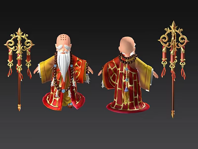 Traditional Robed Figures with Ornate Staffs Red Gold Costumes and Intricate Decorations 3d model