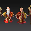 Traditional Robed Figures with Ornate Staffs Red Gold Costumes and Intricate Decorations
