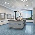 Modern Laboratory Interior With Lab Benches Cabinets Ceiling Lights And Blue Flooring 3d model