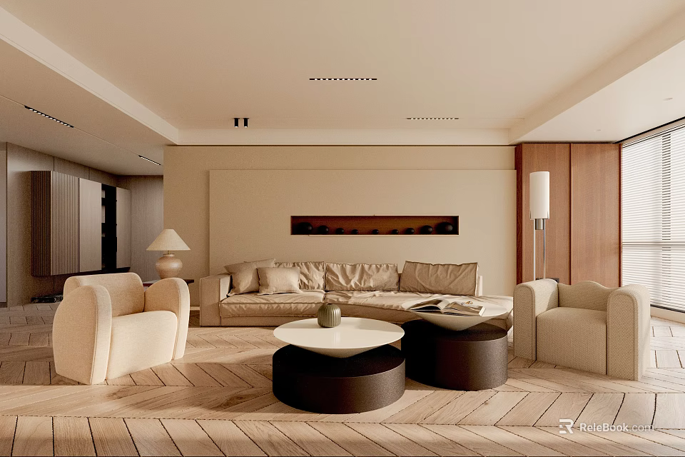 Minimalist Living Room Interior With Beige Sofa Armchairs Round Coffee Tables And Wooden Floor 3d model 