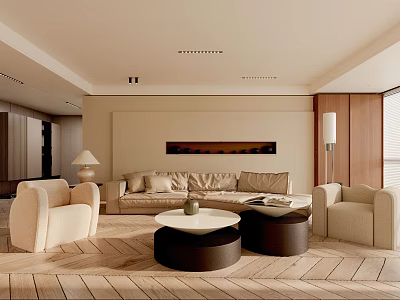 Minimalist Living Room Interior With Beige Sofa Armchairs Round Coffee Tables And Wooden Floor 3d model
