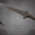 Ancient Curved Blade Weapon with Rustic Metal Surface and Carved Hilt on Hexagonal Gray Background 3d model