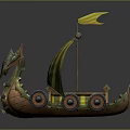 Vintage Wooden Viking Ship with Green Yellow Striped Sail Yellow Flag and Dragon Head