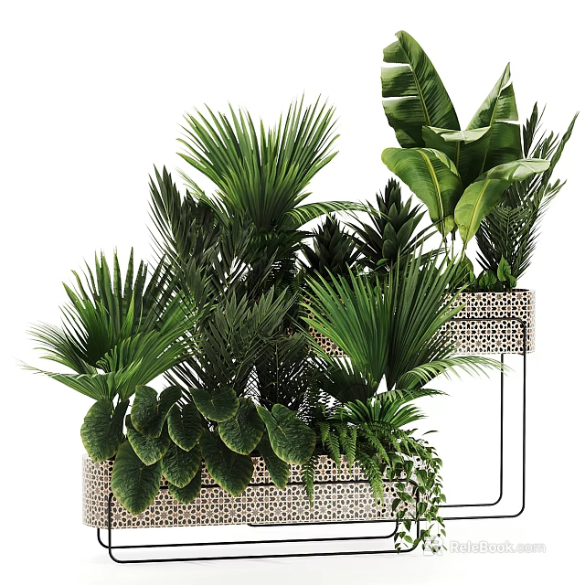 Lush Arbor with Tropical Palm Banana Leaves in Patterned Planters and Metal Stand 3d model 