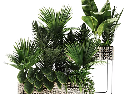 Lush Arbor with Tropical Palm Banana Leaves in Patterned Planters and Metal Stand 3d model