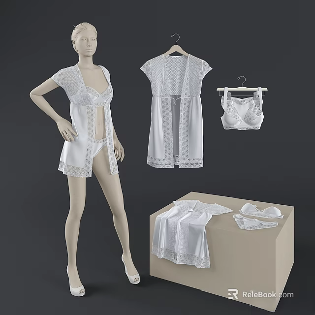 White Lace Women's Lingerie Set With Cardigan And Underwear 3d model 