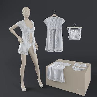 White Lace Women's Lingerie Set With Cardigan And Underwear 3d model