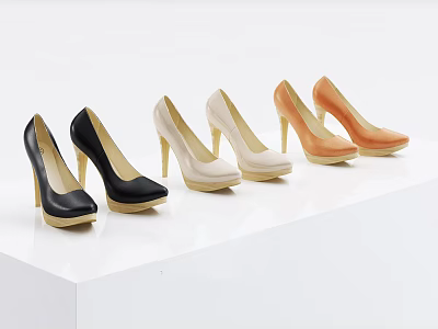 Simple Style High Heel Shoes in Black Beige Light Orange on White Display Platform 3d model