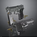 Metallic Silver And Black Pistols With Scattered Bullets On Dark Surface