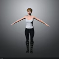 Red Haired Child Wearing White Tank Top Black Leggings Black Boots Arms Outstretched Gray Background