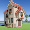 Cartoon House With Red Tiled Roof Chimney Palm Trees Green Lawn And Blue Sky