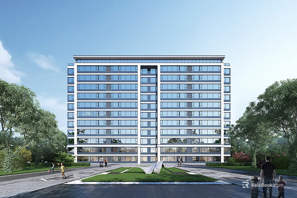 Modern High Rise Residential Building With Glass Windows And Lush Green Surroundings 3d model 