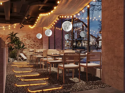 Cozy Restaurant Interior With String Lights Moon Decorations Brick Wall And Wooden Chairs 3d model