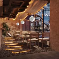 Cozy Restaurant Interior With String Lights Moon Decorations Brick Wall And Wooden Chairs
