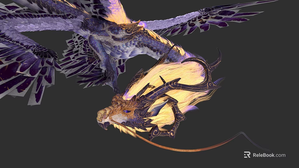 Large Avian Creature with Purple Gold Feathers Clutches Dragon Creature with Glowing Yellow Blue Details 3d model 