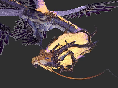Large Avian Creature with Purple Gold Feathers Clutches Dragon Creature with Glowing Yellow Blue Details 3d model