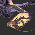 Large Avian Creature with Purple Gold Feathers Clutches Dragon Creature with Glowing Yellow Blue Details