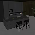 Modern Kitchen Bar Counter With Black Bar Stools And Sleek Gray Countertop