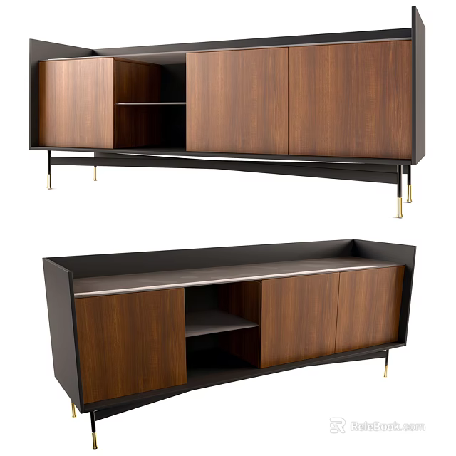 Modern Wooden TV Stand With Black Frame Gold Legs And Storage Compartments 3d model 