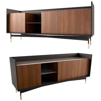 Modern Wooden TV Stand With Black Frame Gold Legs And Storage Compartments 3d model