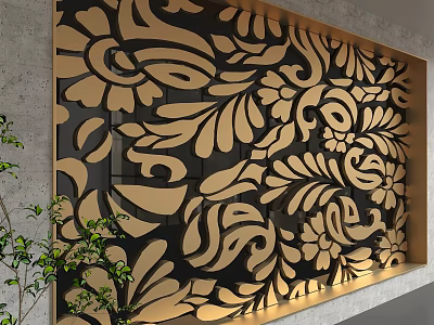 Modern Golden Decorative Wall With Intricate Floral Patterns And Green Plants 3d model