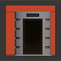 Silver Metal Bathroom Urinal With Red Background And Blue Please Urinate Sign