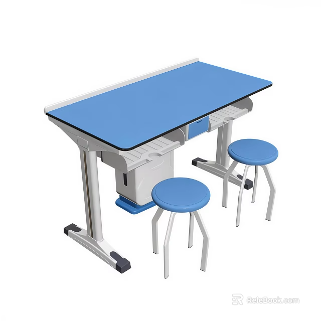 School Classroom Learning Desk With Blue Tabletop And Stools For Students 3d model