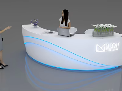 Modern White Curved Reception Desk With Blue Lighting Laptop And Flower Vase 3d model