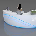 Modern White Curved Reception Desk With Blue Lighting Laptop And Flower Vase