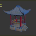 Traditional Chinese Pavilion with Red Pillars Gray Tiled Roof Yellow Railings and Stone Steps