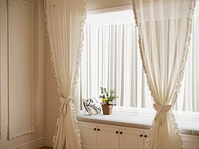 Elegant Cream Sheer Curtains With Bow Ties For Window Seat And Potted Plant 3d model
