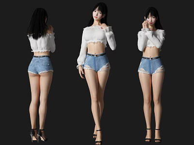 Woman in White Crop Top and Denim Shorts with Black High Heels Three Angles View 3d model